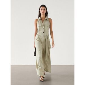 Massimo Dutti Womens Flowing Trench Jumpsuit Size M Khaki Wide Leg 6671/400 NWD